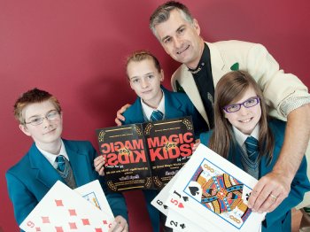 Year 8 students from North Coast Integrated College and mathemagician Andrew Jeffery enjoying the Maths Week Ireland activities on the Coleraine Campus.