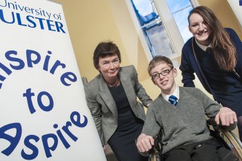 Professor Anne Moran, Pro-Vice-Chancellor, Educational Partnerships and International Affairs, pictured with Scott McCarter, Strabane Academy and Terrylee McDaid, Oakgrove Integrated College, at Ulster's Inspire to Aspire event