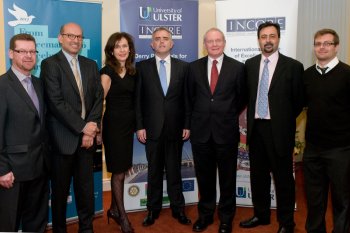 Caption Mauricio Rodriguez, Colombian Ambassador to the UK, (second from left) with from left to right, Gerard Finnegan, Rotary Club of Londonderry, Professor Deirdre Heenan, PVC Communications and Provost Magee Campus, Junior Minister, Jonathan Bell, Martin McGuinness, deputy First Minister and Professor Brandon Hamber, INCORE Director and Ariel Sanchez Meertens, Marie Curie Research Fellow with INCORE and organiser of the ‘Derry Proposals for Colombian Peace’ event at the University of Ulster’s Magee campus.