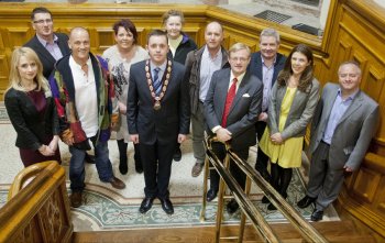 From left: Claire McCauley, University of Ulster event organiser, Liam Quigley, Assistant Director for Day Support and Community Services with Niamh (Northern Ireland Association of Mental Health); John Bell, yoga instructor; Marie O’Neill, Nursing lecturer and event organiser; Deputy Mayor of Derry, Councillor Gary Middleton; Kitty O’Kane, Mind Yourself; Tony Doherty, General Manager of Bogside & Brandywell Health Forum; Professor Hugh McKenna; Ollie Green, Director of Greater Shantallow Community Arts group; Oonagh McGillion, Director of Legacy, Derry City Council and Professor Frank Lyons, Director of the Arts & Humanities Research Institute (AHRI) at the University of Ulster.