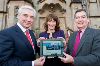 University of Ulster Vice-Chancellor, Professor Richard Barnett and St. Mary's College principal, Marie Lindsay, pictured with UTV's Paul Clarke at the launch of the University's, 'Ed.Link', portal for schools.