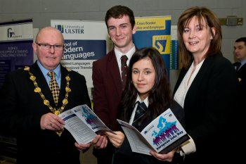 Mayor of Derry, Cllr Kevin Campbell, withJohn Neilly, Foyle College, Leigh Spratt, Lisneal Colleage and Moira McCarthy, Career Development Manager, pictured at European Jobs Day in Magee