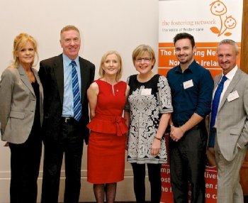 From left: Deirdre Coyle, Social Care Commissioning Lead – Children and Families, HSCB; Tony Rodgers, Assistant Director Social Care and Children, HSCB; Margaret Kelly, Director, Fostering Network; Jillian Dalton, foster carer; Matthew Bingham, Ulster Student; and Dr Brian Murphy, Director, Access and Distributed Learning at Ulster