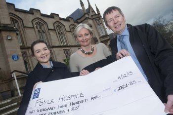 University of Ulster Business student, Emma Laverty, pictured with lecturer GrÃ¡inne Tuohy and Noel McMonagle, Foyle Hospice.