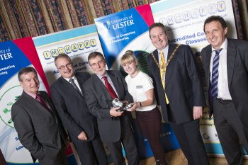 Nelson McCausland MLA, Minister for Social Development (centre) with from left: Professor Richard Barnett, Vice-Chancellor; Ian Donaghey MBE, Coleraine Neighbourhood Renewal Partnership; Carrie-Lyn Kane from Coleraine, research assistant and mentor; Councillor David Harding, Mayor of Coleraine; and Martin McKinney, Head of the School of Computing and Information Engineering