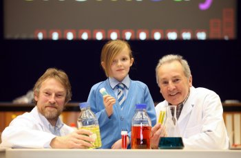 Professor Peter Edwards (left) and Peter Hollamby with Star of the Sea Primary School pupil Jennifer McTasney