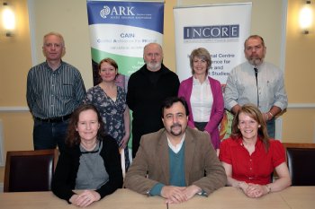 The INCORE team: Back Row: Brendan Lynn, Shonagh Higgenbotham, Martin Melaugh, Gillian Robinson, Mike McCoolFront Row: Grainne Kelly, Brandon Hamber, Ann Marie Dorrity