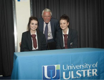  Carolyn Connor and Jill McFaul from Lisneal College, Londonderry, with Professor Jack Crane at the Step-Up launch