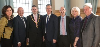 University of Ulster Chancellor James Nesbitt pictured with Professor Deirdre Heenan, Pro-vice Chancellor of Communications and Provost of the Magee and Coleraine campuses , John Compton, Chief Executive Health and Social Care Board, Mayor ofDerry,Councillor Martin Reilly, Gerry Guckian, Chair of the WHSCT, Elaine Way, Chief Executive, WHSCT and Joe Mahon, Compere, at the annual Social Work Awards in the Guildhall Derry~Londonderry