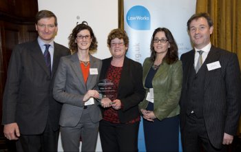 Dominic Grieve, Attorney General, pictured with Dr Grainne McKeever, Kathy Sinclair, Dr Esther McGuinness and Ciaran White, School of Law, collecting the award for Best New Student Pro Bono Activity at the LawWorks and Attorney General Awards hosted in the House of Commons earlier this week