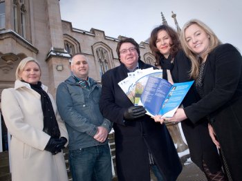 L- R: Grainne Tuohy, course director, Michael McGlinchey, Bill Quigley, Professor Deirdre Heenan, Dean of Academic Development at Magee and Dr Lisa Bradley, Head of the Department of International Business