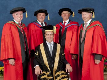 Chancellor James Nesbitt. centre, with honorary graduates Bro McFerran, Conleth Hill, Tony Hopkins and Dr Peter Fitzgerald