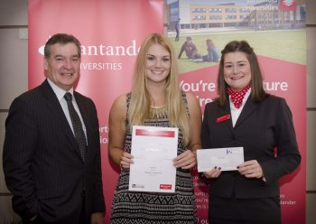 Jacqui Montgomery, BA Hons French and Spanish, receives a Santander Study Abroad Scholarship from Vice Chancellor, Professor Richard Barnett and Laura McDonald, Branch Manager, Santander University of Ulster, Belfast Campus.