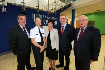 Pictured at the Celebration of Community Achievement evening are (l to r) Professor Richard Barnett, University of Ulster Vice-Chancellor; PSNI Superintendent Michelle Larmour Professor Anne Moran, Pro-Vice-Chancellor (Educational Partnerships and International Affairs), University of Ulster; Finance Minister, Simon Hamilton, MLA and Professor Alastair Adair, Pro-Vice-Chancellor (Development) and Provost (Jordanstown and Belfast), University of Ulster